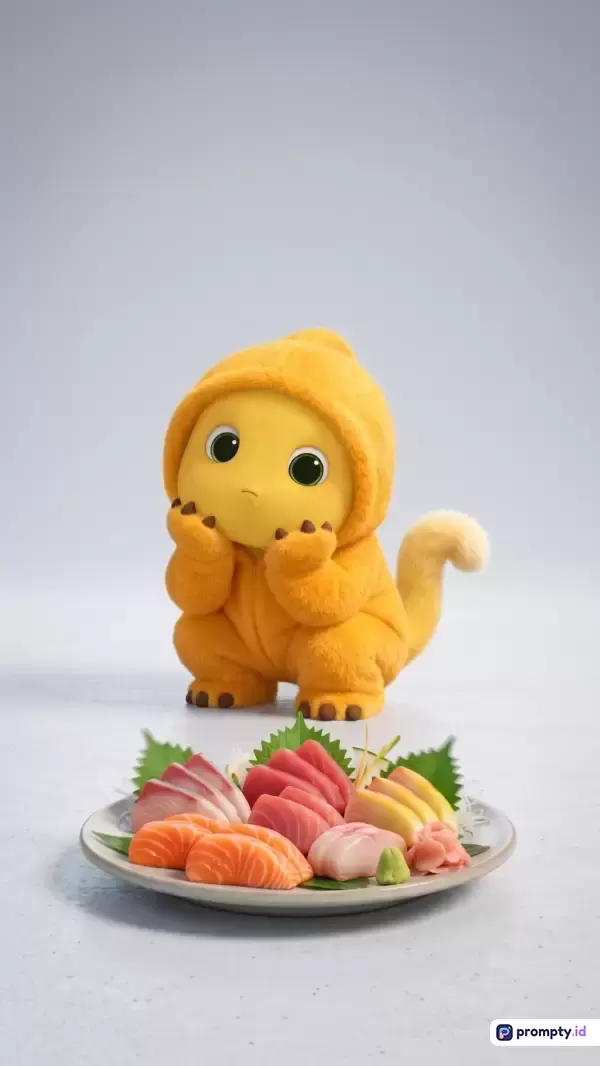 Gambar digital bergaya 3D Pixar ini menampilkan karakter monster kuning berbulu berbulu halus yang sedang menggemaskan di belakang piring sushi segar, dengan tiga warna dominan yaitu kuning, oranye, dan putih, serta kata kunci: karakter lucu, monster kecil, kostum dinosaurus, sushi segar, salmon sashimi, kuliner Jepang, seni digital, pencahayaan lembut.