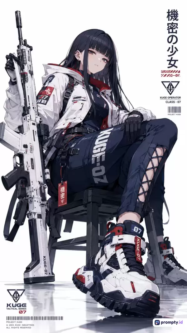 Gambar bergaya anime digital art ini menampilkan karakter wanita berambut hitam panjang dengan pose duduk santai di kursi sambil memegang senapan serbu futuristik, mengenakan jaket putih, celana taktis gelap bertuliskan KUGE-07, dan sepatu sneakers putih-merah, dengan kata kunci: anime, gadis taktis, fiksi ilmiah, senjata, militer, cyberpunk, dan tiga warna dominan yaitu putih, hitam, serta merah.