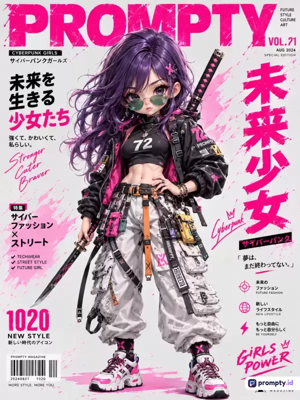 Gambar sampul majalah bergaya seni digital modern beresolusi tinggi ini menampilkan karakter gadis anime berambut ungu dengan gaya busana jalanan cyberpunk, teks Jepang-Inggris, dan elemen grafis dinamis, menggunakan kata kunci: majalah, cyberpunk, gadis anime, techwear, masa depan; serta didominasi oleh tiga warna utama yaitu merah muda, putih, dan hitam.