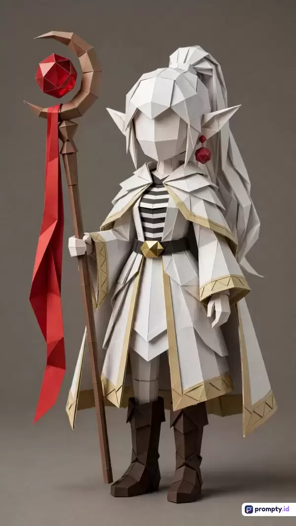 Gambar ini menampilkan seni kertas origami berpoligon rendah (low-poly papercraft) yang menggambarkan karakter penyihir elf berambut putih panjang dengan jubah putih dan tongkat sihir berhias kristal merah, menggunakan kata kunci seni kertas, low-poly, penyihir, elf, fantasi, dan origami, dengan dominasi warna putih, merah, dan cokelat.