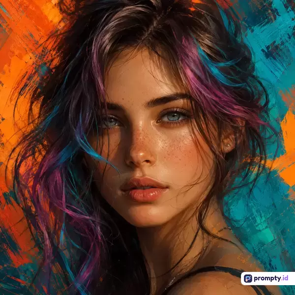 Gambar digital bergaya lukisan ekspresionis ini menampilkan potret close-up seorang wanita muda cantik berambut gelap dengan highlight ungu dan biru berlatar belakang sapuan kuas abstrak, dengan kata kunci potret, wanita, seni digital, ekspresionis, abstrak, dan tiga warna dominan yaitu oranye, biru, serta ungu.