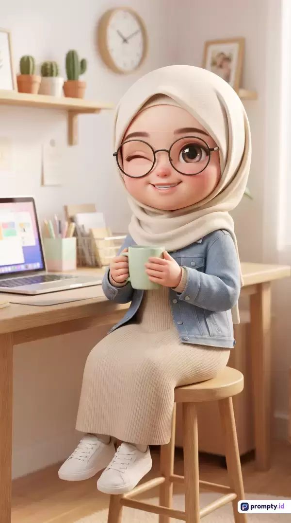 Gambar bergaya animasi 3D ini menampilkan seorang karakter wanita berhijab ceria sedang duduk di kursi kayu sambil memegang cangkir di ruang kerja minimalis yang estetik, dengan kata kunci hijab, animasi 3D, wanita bekerja, estetis, dan ruang belajar, serta didominasi oleh warna krem, biru muda, dan cokelat kayu.