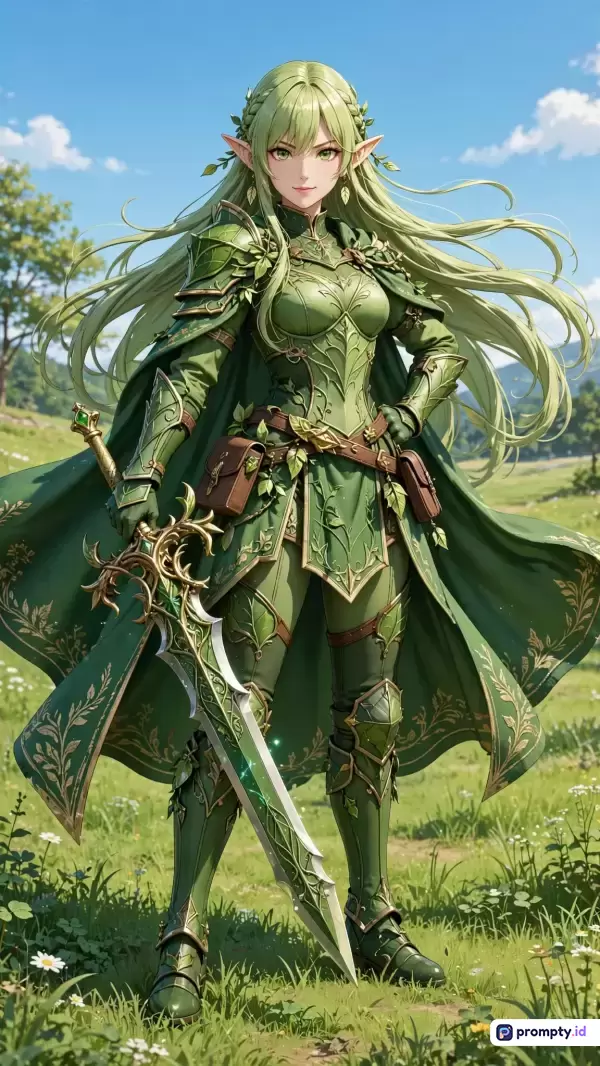 Gambar bergaya anime fantasi ini menampilkan karakter ksatria elf wanita berambut hijau panjang mengenakan baju zirah bernuansa alam dengan memegang pedang besar berukir, berlatar padang rumput hijau cerah di bawah langit biru berawan, dengan kata kunci: ksatria elf, anime fantasi, baju zirah daun, pedang besar, padang rumput, petualang, karakter wanita; warna dominan: hijau hutan, hijau limau, dan cokelat tanah.