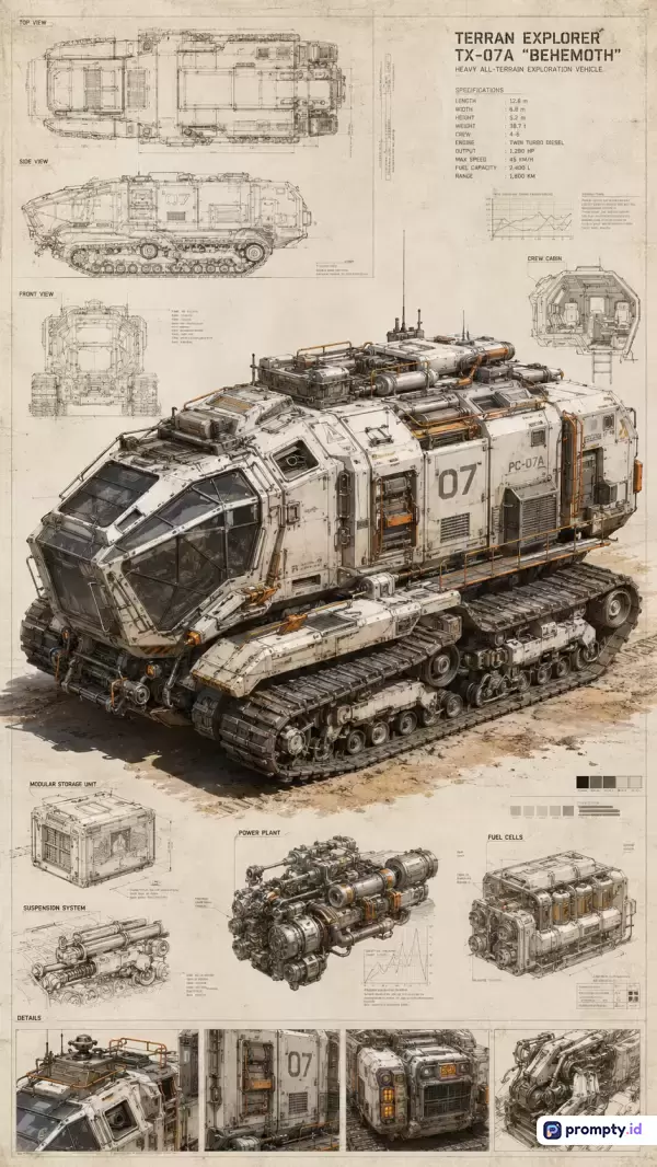 Gambar digital berkonsep cetak biru sci-fi ini menampilkan ilustrasi kendaraan penjelajah berat Behemoth dengan gaya sketsa teknik industri dan rendering 3D, memuat konten diagram ortografik, spesifikasi teknis, serta detail komponen mesin dan interior, dengan kata kunci kendaraan masa depan, penjelajah segala medan, sci-fi, cetak biru, mesin berat, dan desain industri, yang didominasi oleh warna putih krem, cokelat tanah, dan abu-abu logam.