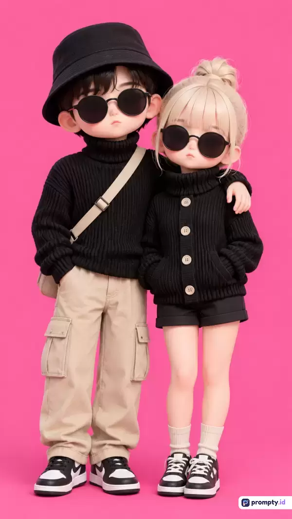 Gambar bergenre figurin 3D chibi ini menampilkan sepasang karakter anak laki-laki dan perempuan bergaya *streetwear* modis dengan atasan rajut hitam, kacamata hitam, dan latar belakang merah muda terang, yang dapat dideskripsikan melalui kata kunci couple, kartun, dan estetika, serta didominasi oleh warna hitam, merah muda, dan krem.