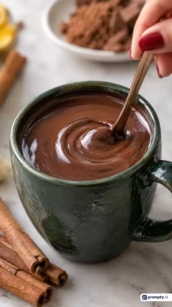 Gambar fotografi makanan bergaya hangat dan estetis ini menampilkan konten cangkir hijau berisi cokelat panas kental dengan tangan yang mengaduk menggunakan sendok kecil, dihiasi latar belakang bubuk kakao dan batang kayu manis, dengan kata kunci cokelat panas, minuman hangat, cangkir hijau, kayu manis, dan adukan tangan, serta didominasi oleh warna cokelat, hijau tua, dan putih gading.