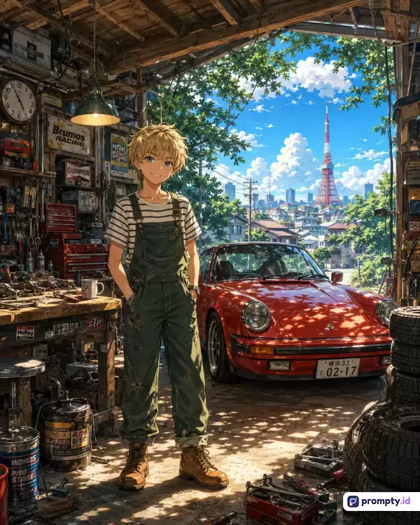 Gambar bergaya anime Makoto Shinkai ini menampilkan seorang anak laki-laki berambut pirang mengenakan pakaian kodok hijau di dalam bengkel berantakan yang dipenuhi perkakas dengan latar belakang mobil sport merah klasik dan pemandangan Tokyo Tower di bawah langit cerah, dengan kata kunci mekanik, garasi, mobil klasik, Tokyo, anime, dan ilustrasi digital, serta didominasi oleh warna biru cerah, merah terang, dan hijau zaitun.