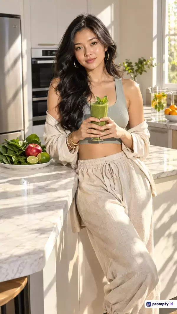 Gambar bergaya fotografi komersial natural ini menampilkan seorang wanita Asia berambut hitam panjang mengenakan pakaian santai warna krem dan hijau sage, sedang memegang segelas jus hijau di dapur minimalis berlimpah cahaya matahari pagi yang dikelilingi elemen segar seperti buah-buahan dan sayuran, dengan kata kunci wanita sehat, gaya hidup aktif, jus hijau, dapur estetik, dan segar, didominasi oleh warna krem, hijau sage, dan putih.