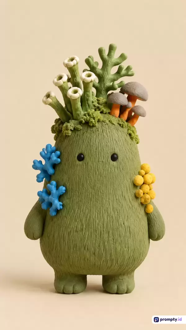 Gambar bergaya seni pahat tanah liat dengan teknik stop-motion ini menampilkan konten makhluk monster hijau berbulu imut yang dihiasi jamur, karang biru, dan tanaman hijau di kepalanya, serta menggunakan kata kunci monster tanah liat, makhluk fantasi, seni pahat, mainan buatan tangan, dan alam, dengan tiga warna dominan yaitu hijau zaitun, biru laut, dan krem.