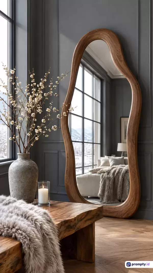 Foto bergaya fotografi interior minimalis modern ini menampilkan dekorasi ruang tamu dengan konten cermin badan berbingkai kayu organik asimetris, vas bunga hias putih, lilin menyala, dan meja kayu berbulu, yang dihiasi kata kunci estetika, elegan, hangat, dan kontemporer, dengan tiga warna dominan yaitu abu-abu gelap, cokelat kayu, dan putih gading.