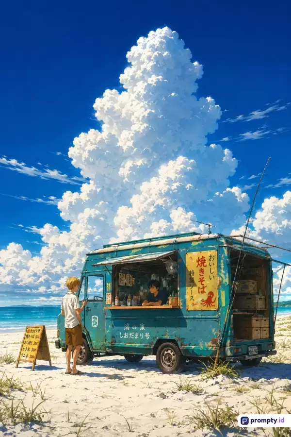 Gambar bergaya ilustrasi anime bertema musim panas ini menampilkan sebuah truk makanan (food truck) biru usang di tepi pantai berpasir putih dengan latar awan cumulus raksasa menjulang di bawah langit cerah, yang memiliki kata kunci pantai, musim panas, truk makanan, anime, awan cumulus, Jepang, laut, nostalgia, dan didominasi oleh warna biru langit, putih awan, serta hijau toska truk makanan.