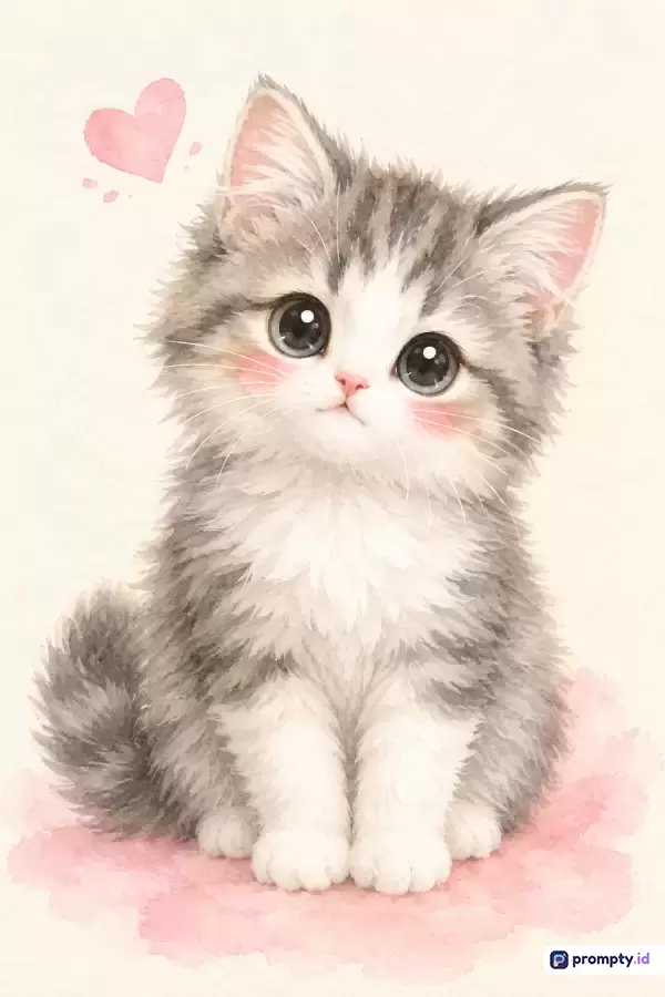 Gambar bergenre ilustrasi digital gaya cat air ini menampilkan konten anak kucing berbulu abu-abu-putih menggemaskan dengan mata besar dan pipi bersemu merah yang dilengkapi elemen hati di atasnya, serta menggunakan palet warna dominan abu-abu, putih, dan merah muda, dengan kata kunci anak kucing, cat air, imut, ilustrasi, hewan peliharaan, dan cinta.