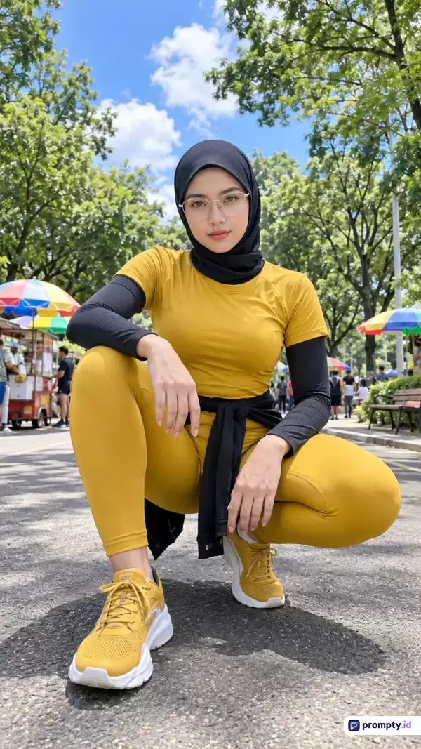 Foto bergaya fotografi potret candid ini menampilkan seorang wanita muda berhijab hitam, kacamata, kaos kuning, dan celana legging senada dengan sepatu k スニーカー kuning-putih, yang sedang jongkok di jalanan taman terbuka berlatar pohon hijau, langit cerah, serta payung pedagang, dengan dominasi warna kuning, hitam, dan putih, serta kata kunci: wanita hijab, pakaian olahraga, gaya hidup sehat, taman kota, fashion muslimah.