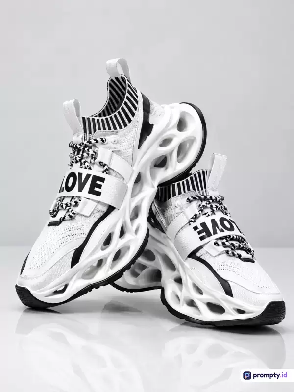 Gambar bergaya fotografi komersial studio ini menampilkan konten sepasang sepatu kets modern bertuliskan LOVE dengan desain futuristik bersol tebal berongga, menggunakan kata kunci sepatu, sneaker, fashion, monokrom, dan streetwear, serta didominasi oleh warna putih, hitam, dan abu-abu.