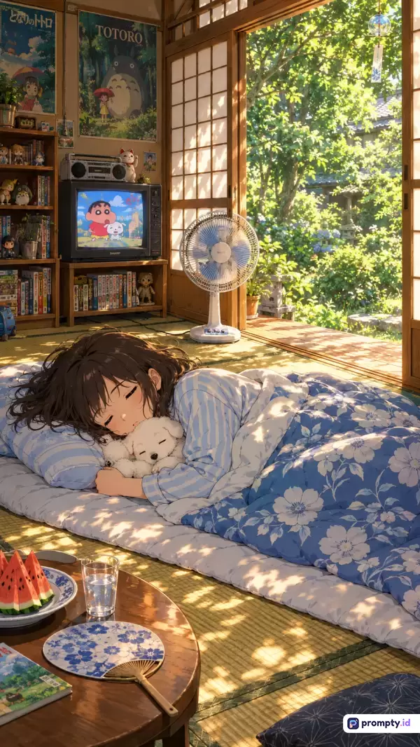 Gambar bergaya ilustrasi anime Ghibli yang hangat ini menampilkan konten seorang gadis berambut cokelat sedang tidur nyenyak memeluk boneka anjing di atas futon bermotif bunga biru, dengan latar ruangan tradisional Jepang berlantai tatami yang diterangi cahaya matahari sore menembus pintu geser shoji, memperlihatkan kipas angin, televisi tua yang menyiarkan kartun, rak buku penuh mainan, serta pemandangan kebun hijau subur di luar, yang diperkaya dengan palet warna dominan cokelat kayu hangat, hijau daun segar, dan biru langit cerah, serta kata kunci relaksasi musim panas, nostalgia masa kecil, estetika anime, kamar tradisional Jepang, tidur siang damai, dan pencahayaan sinematik.