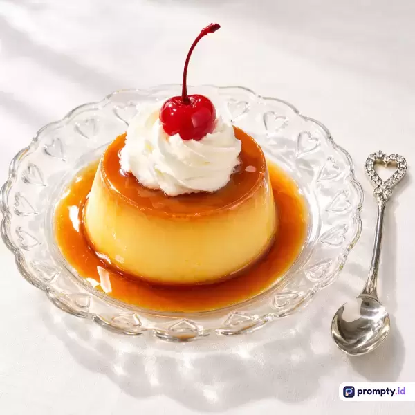 Gambar fotografi makanan bergaya estetika terang ini menampilkan puding karamel lembut dengan krim kocok dan ceri merah di atas piring kaca berpola hati di sebelah sendok perak, dengan kata kunci puding, karamel, makanan penutup, ceri, krim, manis, fotografi kuliner, dan tiga warna dominan yaitu kuning keemasan, putih, dan merah menyala.