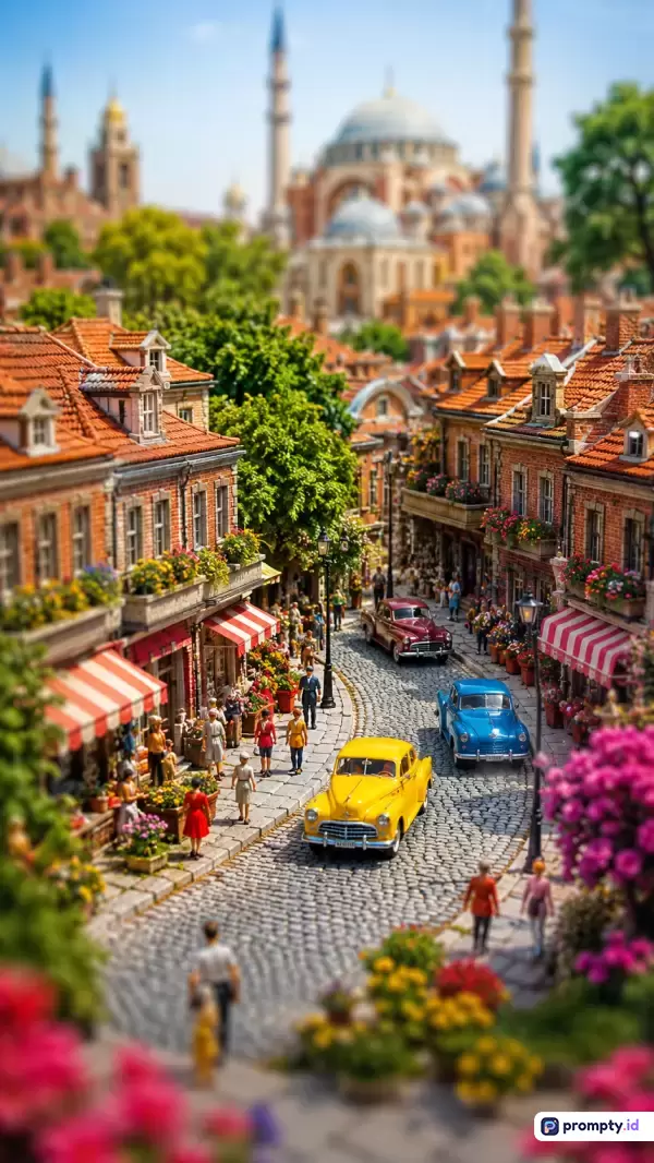 Gambar dengan gaya fotografi makro *tilt-shift* ini menampilkan pemandangan miniatur perkotaan bergaya klasik Eropa berlatar masjid kubah besar, yang kaya akan warna oranye genteng, biru mobil, dan kuning taksi, serta dihiasi kata kunci miniatur, perkotaan, mobil klasik, arsitektur, dan jalan berbatu.
