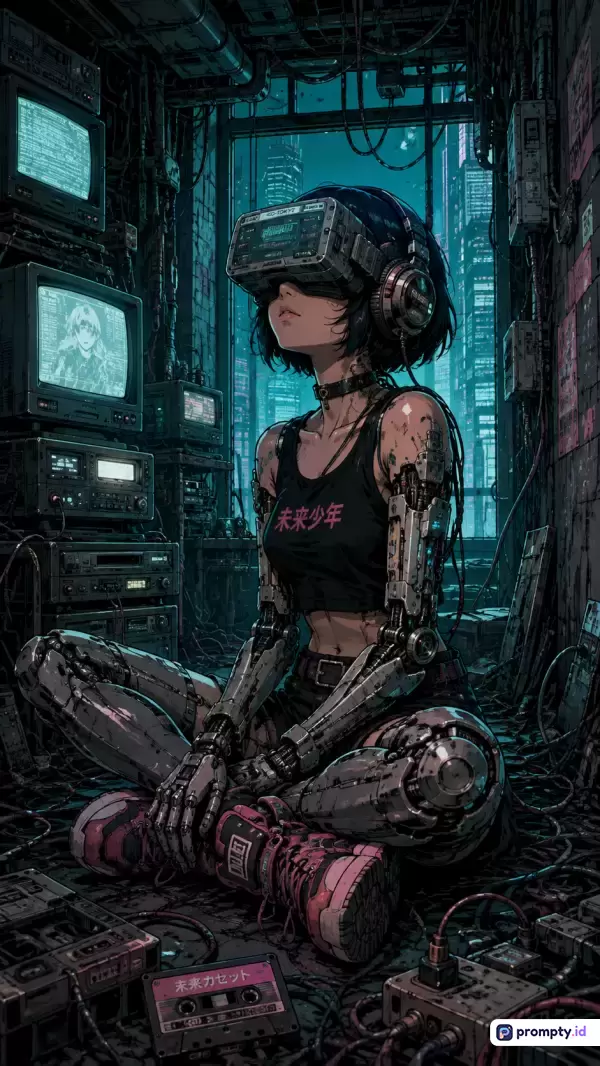 Gambar bergaya anime cyberpunk ini menampilkan konten seorang wanita cyborg berambut pendek yang mengenakan headset VR dan duduk bersila di antara tumpukan kabel serta monitor tua, dengan kata kunci utama: fiksi ilmiah, teknologi, distopia, robot, masa depan, dan tiga warna dominan yaitu hijau teals, hitam, serta abu-abu gelap.