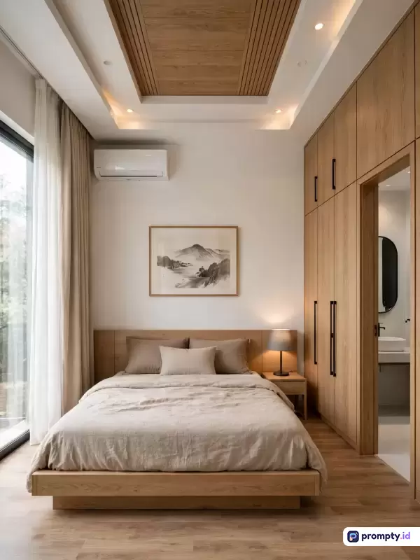 Gambar berkonsep desain interior modern minimalis ini menampilkan kamar tidur bernuansa hangat dengan konten tempat tidur kayu, lemari pakaian built-in, plafon aksen kayu, dan lukisan lanskap, yang memiliki kata kunci kamar tidur minimalis, desain interior modern, kayu alami, dekorasi estetis, dan ruangan nyaman, serta didominasi oleh warna krem, cokelat kayu, dan putih.