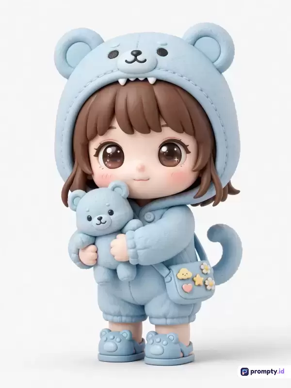 Gambar ini menampilkan figur mainan 3D bergaya chibi yang sangat imut dengan konten seorang gadis kecil berambut cokelat mengenakan piyama beruang biru muda sambil memeluk boneka beruang, dikategorikan dengan kata kunci mainan, figur, chibi, imut, anak perempuan, beruang, dan piyama, serta didominasi oleh warna biru muda, cokelat, dan putih.