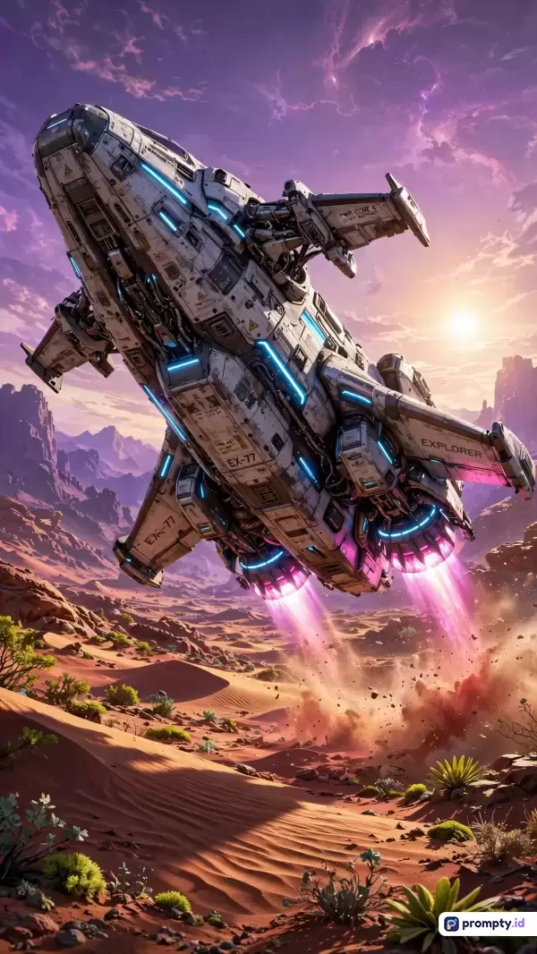 Gambar bergaya seni digital fiksi ilmiah ini menampilkan konten kapal penjelajah antariksa putih dengan mesin menyala yang lepas landas dari lanskap planet asing berpasir dan bergunung-gunung, menggunakan kata kunci pesawat luar angkasa, eksplorasi, gurun, fiksi ilmiah, dan teknologi, didominasi oleh warna ungu, oranye kemerahan, dan putih terang.