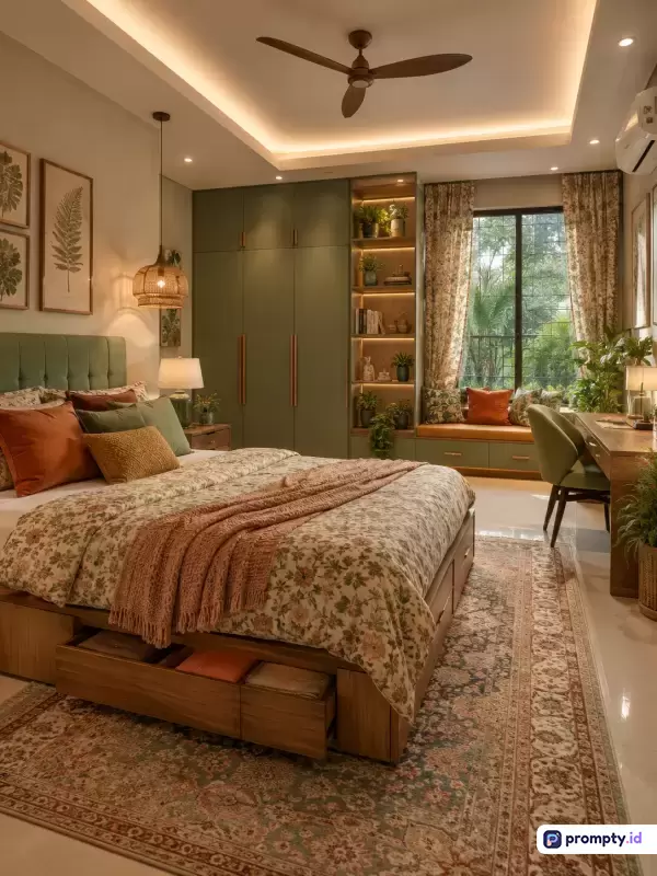 Gambar bergaya fotografi interior modern-kontemporer ini menampilkan konten kamar tidur mewah bernuansa botani dengan kombinasi warna hijau sage, cokelat kayu, dan krem, serta kata kunci desain kamar tidur, interior estetis, dekorasi tanaman, pencahayaan hangat, dan kenyamanan rumah.