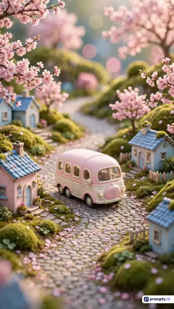 Gambar ini bergaya diorama miniatur digital yang menampilkan pemandangan desa fantasi musim semi dengan konten mobil van merah muda yang melintas di jalan berbatu dikelilingi rumah-rumah mungil, pepohonan berbunga sakura, serta bukit berlumut, dengan kata kunci desa miniatur, mobil van merah muda, bunga sakura, diorama dongeng, pemandangan musim semi, dan palet tiga warna dominan yaitu merah muda lembut, biru langit, dan hijau lumut.