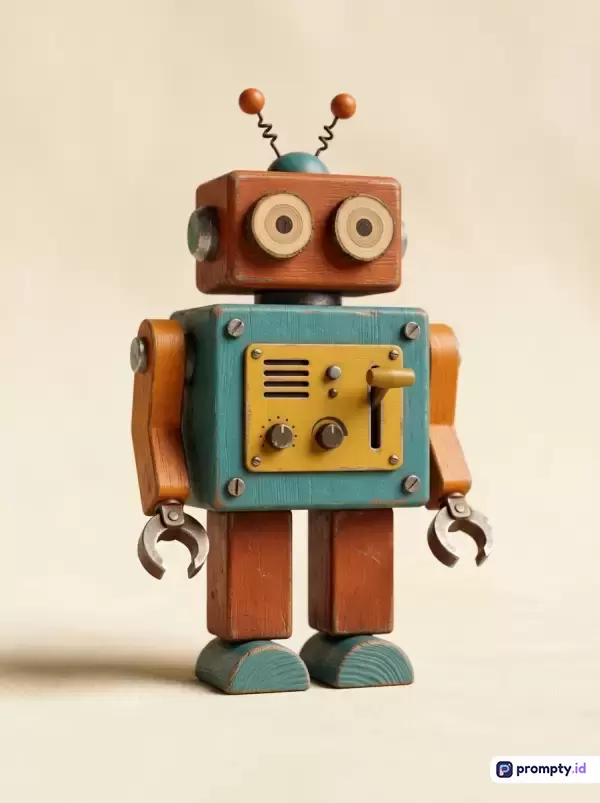 Gambar bergaya mainan kayu retro ini menampilkan konten robot steampunk dengan warna dominan cokelat kayu, toska, dan kuning mustard, serta kata kunci mainan antik, robot kayu, dan dekorasi vintage.