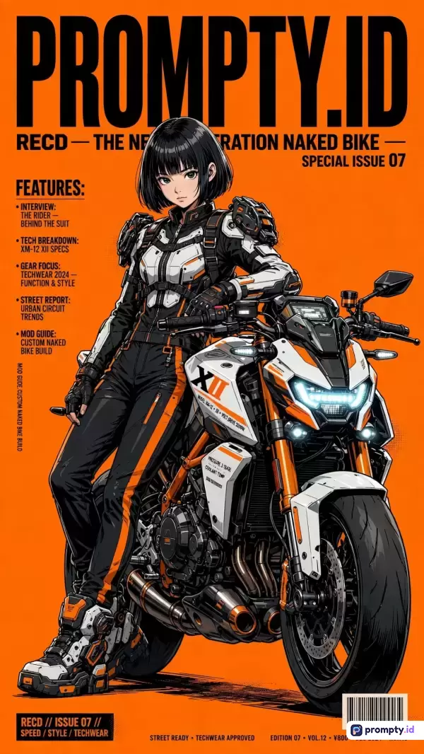 Gambar bergaya majalah anime modern ini menampilkan konten seorang wanita berambut pendek mengenakan pakaian *techwear* futuristik dan sepeda motor *naked bike* sport dengan latar belakang dominan oranye terang, hitam, dan putih, serta dilengkapi kata kunci sepeda motor masa depan, karakter wanita, majalah fiksi, desain grafis, anime futuristik, teknologi canggih.