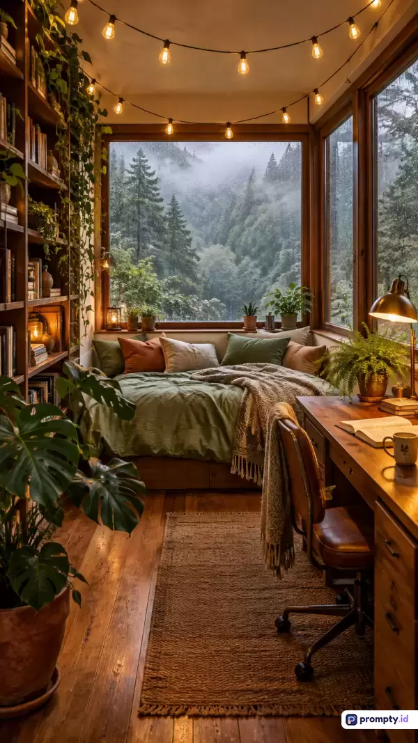 Gambar fotografi bergaya *cozy* dan estetik ini menampilkan kamar tidur bernuansa *boho-chic* dan *rustic* yang dipenuhi tanaman hias, rak buku kayu, serta meja kerja dengan pemandangan jendela besar menghadap hutan berkabut saat hujan, yang diperkaya dengan kata kunci interior kamar, suasana hujan, estetika alam, lampu peri, dan kenyamanan, menggunakan skema warna dominan cokelat kayu, hijau daun, dan jingga hangat, serta diakhiri dengan tiga warna dominan yaitu cokelat, hijau, dan jingga.