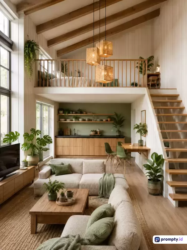 Gambar bergaya minimalis modern dengan sentuhan alami ini menampilkan ruang tamu luas berkonsep loteng yang menampilkan sofa krem, meja kayu, tangga, dan dekorasi tanaman hijau, diperkaya oleh palet warna dominan krem, cokelat kayu, dan hijau sage, dengan kata kunci interior rumah, desain loteng, dan estetika natural.