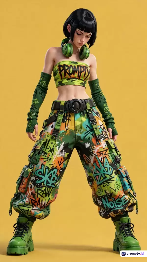 Gambar bergaya 3D digital render beresolusi tinggi ini menampilkan konten karakter wanita berambut hitam pendek dengan gaya fesyen jalanan urban yang mengenakan pakaian crop top kamuflase hijau, celana kargo grafiti penuh warna, headphone, dan sepatu bot chunky, serta menggunakan kata kunci gaya urban, fesyen jalanan, karakter 3D, grafiti, dan cyberpunk, dengan dominasi palet warna hijau, kuning, dan hitam.