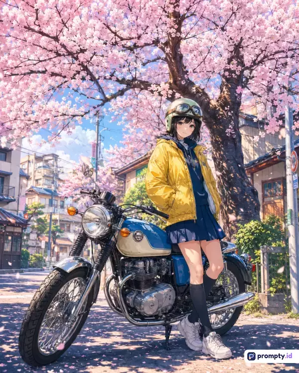 Gambar bergaya ilustrasi anime ini menampilkan seorang gadis berjaket kuning yang berdiri di samping sepeda motor klasik di bawah pohon bunga sakura yang sedang mekar penuh di lingkungan perkotaan Jepang, dengan kata kunci gadis anime, sepeda motor klasik, bunga sakura, musim semi, estetika Jepang, dan tiga warna dominannya adalah merah muda, kuning, dan biru.