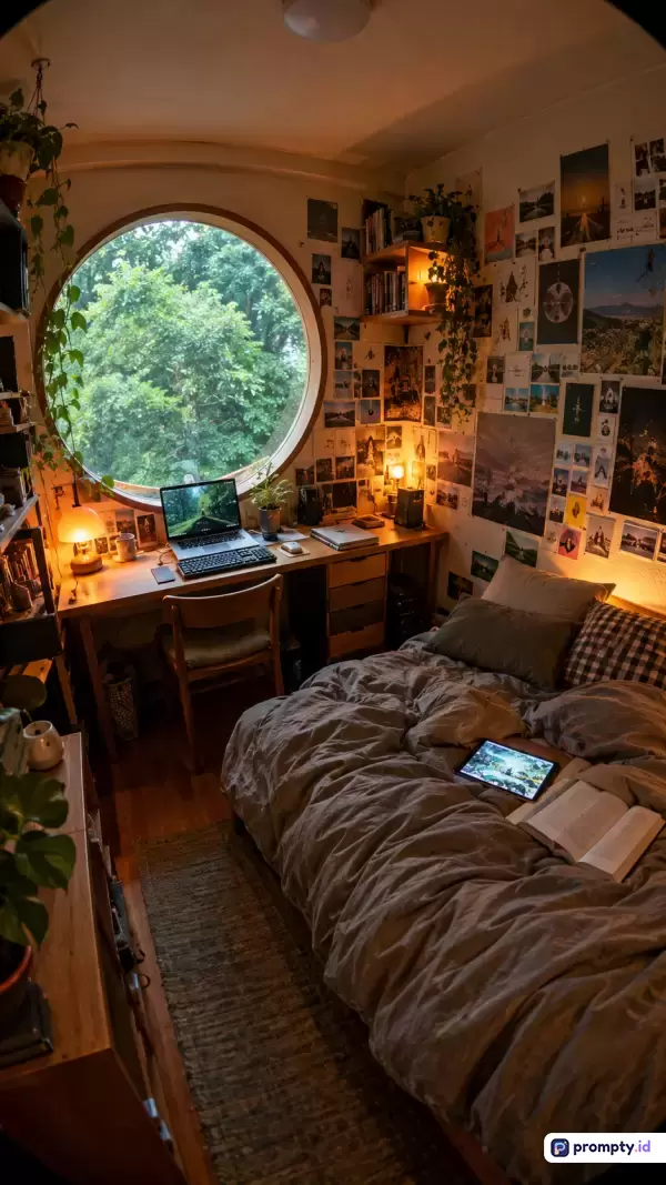 Gambar bergaya fotografi interior sinematik dan cozy ini menampilkan kamar tidur estetik dengan pencahayaan hangat, berisi konten meja kerja dengan laptop, jendela bundar besar berlatar pemandangan hijau hutan, dinding penuh kolase foto, serta tempat tidur nyaman yang dihiasi buku dan tablet, dengan kata kunci utama kamar tidur cozy, jendela bundar, estetika hangat, ruang kerja, dan alam, serta didominasi oleh tiga warna utama yaitu cokelat kayu, hijau daun, dan kuning keemasan.