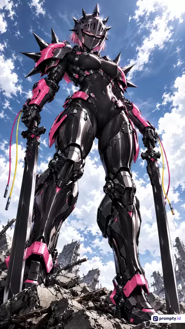 Gambar bergaya ilustrasi anime digital ini menampilkan ksatria wanita futuristik berwajah tangguh dengan balutan zirah mekanik hitam-merah berduri dan berpegang pedang ganda di tengah reruntuhan, menggunakan kata kunci ksatria wanita, armor mecha, pasca-apokaliptik, sci-fi, anime, pedang, dan ber-tiga warna dominan yaitu hitam, merah muda, serta biru langit.