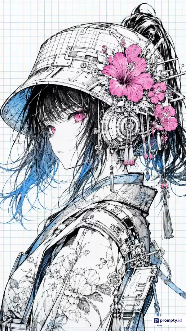 Gambar bergaya ilustrasi manga sketsa garis detail tinggi dengan latar belakang kertas bergaris ini menampilkan konten karakter wanita bergaya cyberpunk mengenakan topi mekanis, kimono bunga, dan aksesori tradisional berhias bunga sepatu, serta menggunakan kata kunci anime, mecha, sketsa, dan cyberpunk, dengan dominasi tiga warna yaitu putih, hitam, dan merah muda.
