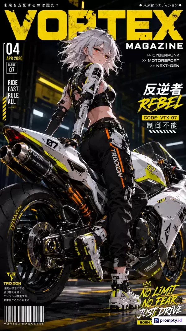 Gambar berstyle anime fiksi ilmiah ini menampilkan sampul majalah bertema *cyberpunk* dan *motorsport* yang memperlihatkan seorang wanita berambut putih bersandar pada motor sport futuristik dengan dominasi warna kuning, putih, dan hitam, serta kata kunci: majalah, anime, wanita, *cyberpunk*, motor sport, masa depan, pemberontak, fiksi ilmiah.