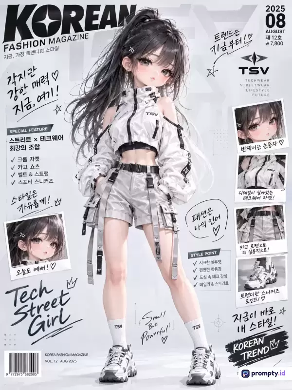 Gambar ini menampilkan ilustrasi digital bergaya anime modern dengan konten sampul majalah mode Korea bertema *techwear*, menggunakan kata kunci seperti gadis jalanan, pakaian futuristik, dan majalah mode, didominasi oleh palet warna abu-abu, putih, dan hitam, yang memancarkan estetika urban yang trendi.