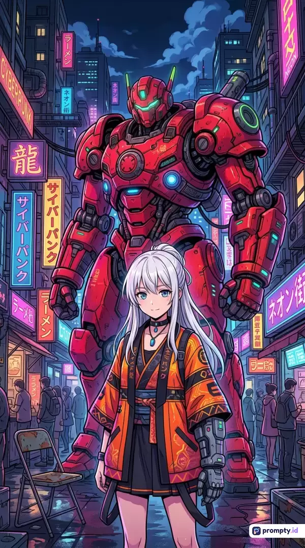 Gambar berukuran vertikal dengan gaya ilustrasi anime cyber-punk ini menampilkan seorang gadis berambut putih mengenakan jaket oranye dan lengan robotik yang berdiri di depan robot mecha merah raksasa di tengah jalan kota futuristik yang dipenuhi papan reklame neon, dengan konten fiksi ilmiah, dominasi warna merah, oranye, dan biru, serta kata kunci mecha, anime, cyberpunk, neon, fiksi ilmiah, dan robot.