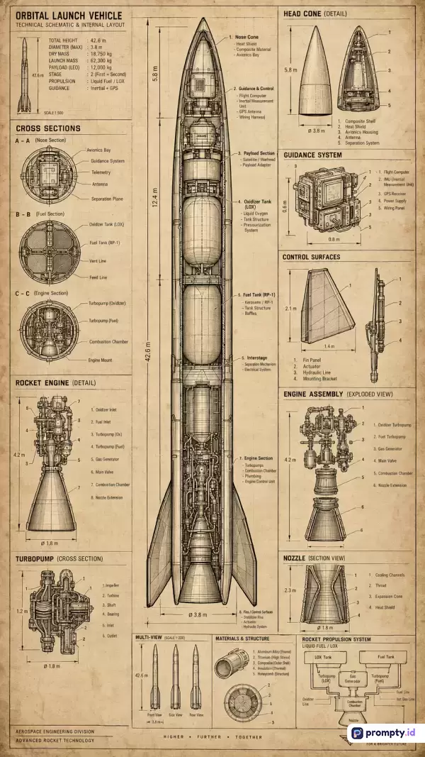 Gambar teknik bergaya cetak biru antik berwarna cokelat tua, krem, dan hitam ini menampilkan diagram skematik detail, penampang lintang, dan pandangan meledak dari sebuah kendaraan peluncur orbital lengkap dengan spesifikasi teknis dan penjelasan komponen seperti kerucut hidung, tangki bahan bakar, serta sistem navigasi.