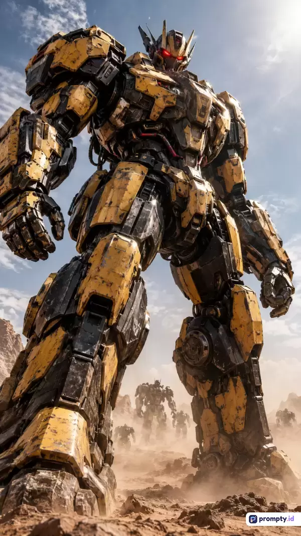 Gambar dengan gaya sinematik digital realistis ini menampilkan konten sesosok robot raksasa berwarna kuning keemasan dengan aksen hitam dan merah yang berdiri megah di lanskap gurun berdebu, dengan tiga warna dominan yaitu kuning, hitam, dan abu-abu, serta kata kunci robot, fiksi ilmiah, mecha, futuristik, dan pertarungan.