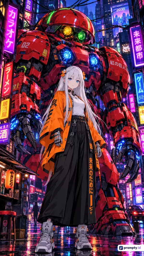 Gambar bergaya anime modern ini menampilkan seorang gadis berambut putih dengan jaket oranye yang berdiri di depan robot mecha merah raksasa, berlatar jalanan kota futuristik bertema cyberpunk dengan warna dominan merah, ungu, dan hitam, serta kata kunci fiksi ilmiah, mecha, anime, cyberpunk, dan teknologi masa depan.