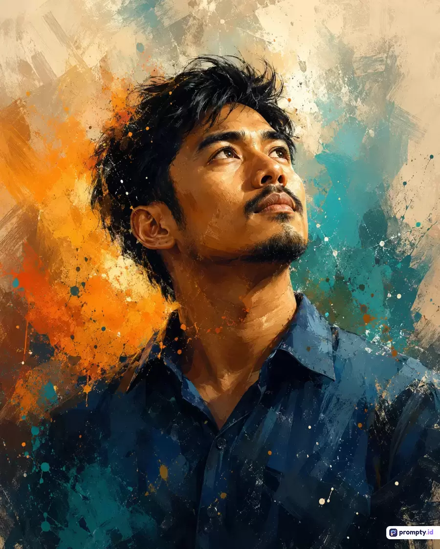 Gambar digital bergaya lukisan cat minyak ekspresif ini menampilkan potret pria Asia berambut hitam dan berjanggut tipis yang mengenakan kemeja biru, menatap ke atas dengan latar belakang abstrak bernuansa warna oranye, biru toska, dan krem, serta memuat kata kunci seni kontemporer, potret pria, lukisan ekspresionis, dan palet warna kontras.