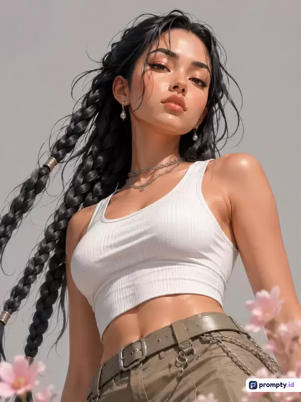 Gambar digital bergaya seni lukis modern/realistis ini menampilkan potret seorang wanita muda berambut hitam dikepang panjang dengan atasan putih dan celana kargo hijau, yang merepresentasikan kata kunci kecantikan, gaya urban, seni digital, potret, dan fashion dengan tiga warna dominan yaitu putih, abu-abu, dan hijau zaitun.