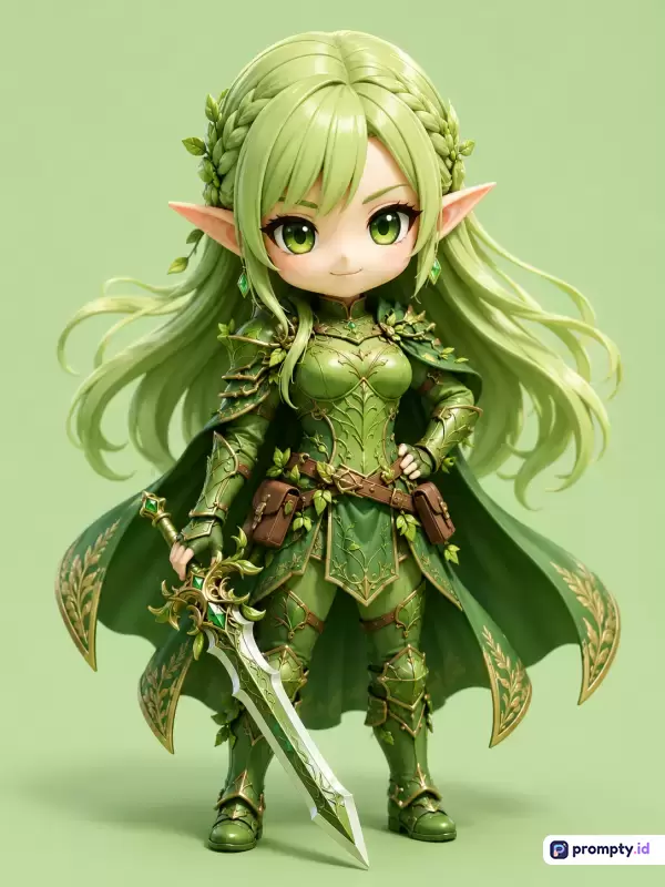 Gambar bergaya chibi 3D beresolusi tinggi ini menampilkan karakter ksatria peri wanita berambut hijau dengan detail zirah alam, jubah, dan pedang berukir, yang menggunakan kata kunci: elf, ksatria, chibi, fantasi, hijau, pedang, zirah, anime, karakter, alam, dengan 3 warna dominan yaitu hijau muda, hijau tua, dan cokelat.