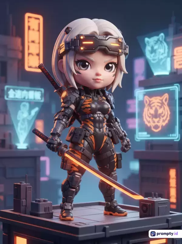 Gambar ber-gaya 3D chibi digital art ini menampilkan karakter perempuan berambut putih dengan armor taktis bermotif loreng harimau, memegang pedang menyala, berlatar perkotaan futuristik penuh lampu neon, dengan kata kunci: anime, sci-fi, cyberpunk, ksatria, futuristik, dan tiga warna dominan yaitu oranye, abu-abu tua, serta biru muda.