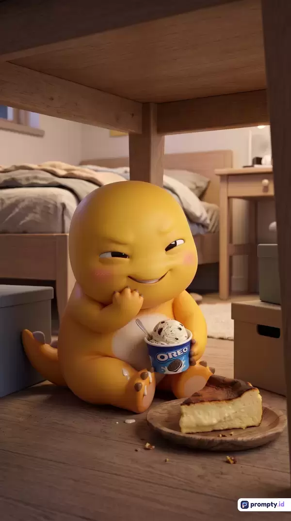 Gambar dengan gaya ilustrasi digital 3D sinematik beresolusi tinggi ini menampilkan konten karakter monster dinosaurus kuning menggemaskan yang sedang sembunyi dan asyik menikmati es krim Oreo serta kue keju di lantai kamar tidur kayu yang hangat, diperkaya oleh kata kunci monster lucu, dinosaurus 3D, es krim Oreo, kue keju, kamar tidur, ilustrasi digital, bersembunyi, komikal, dan pencahayaan hangat, serta didominasi oleh tiga palet warna utama yaitu kuning mustard, cokelat kayu, dan krem lembut.