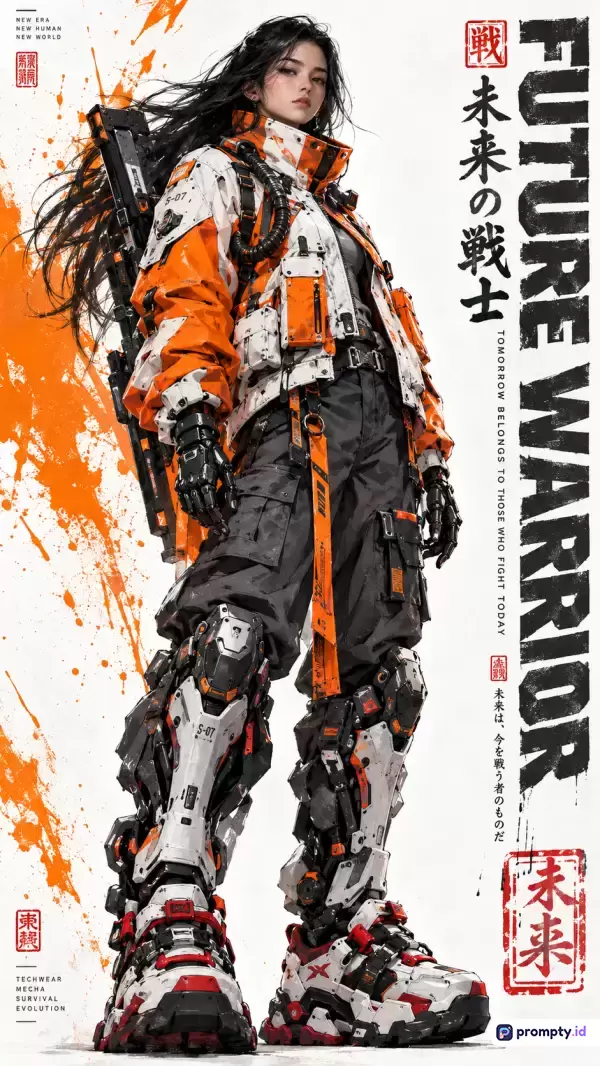 Gambar bergaya ilustrasi digital sci-fi ini menampilkan konten seorang pejuang wanita masa depan berambut hitam panjang mengenakan jaket taktis oranye-putih, celana kargo hitam, dan pelindung kaki mekanis futuristik dengan teks vertikal FUTURE WARRIOR, menggunakan kata kunci prajurit masa depan, fiksi ilmiah, techwear, mecha, dan poster sinematik, serta didominasi oleh tiga warna utama yaitu oranye cerah, putih bersih, dan hitam arang.