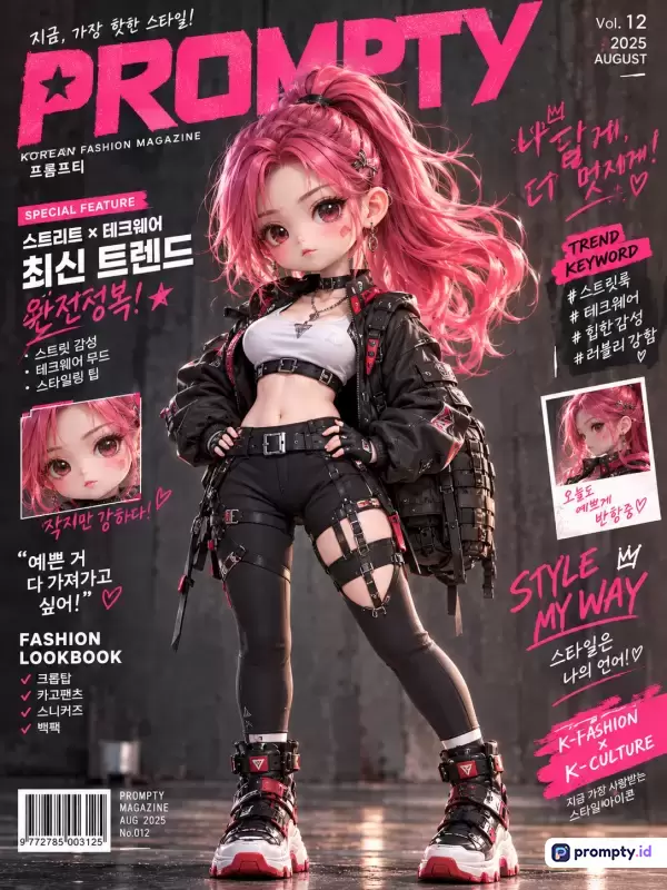 Gambar majalah mode fiktif bergaya 3D *render* digital ini menampilkan figur karakter wanita muda dengan rambut merah muda cerah mengenakan pakaian *techwear* hitam-putih, memuat konten tata letak majalah Korea dengan teks Hangul, memiliki kata kunci fashion, techwear, majalah, anime, 3D, didominasi oleh warna merah muda, hitam, dan putih, serta menonjolkan estetika modern yang berani dan futuristik.