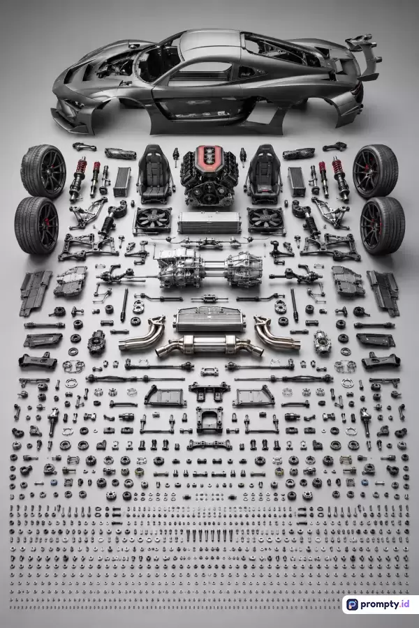Gambar bergaya *knolling* realistis ini menampilkan konten dekonstruksi mobil sport mewah abu-abu secara presisi dengan warna dominan abu-abu, hitam, dan perak, serta kata kunci mobil sport, komponen, *knolling*, suku cadang, dan mekanik.